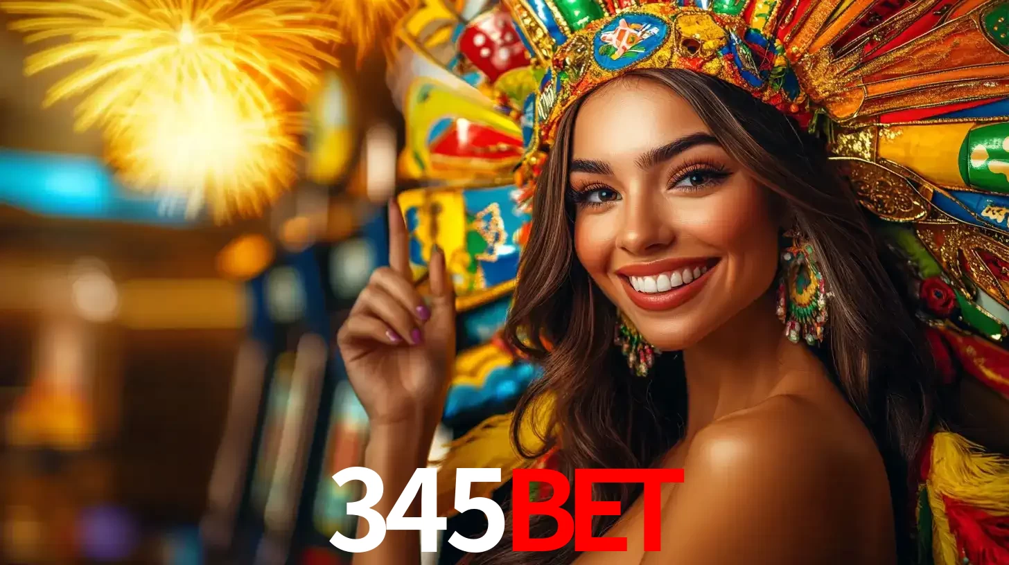 Mulher sorridente com um cocar de carnaval vibrante e colorido, celebrando uma grande vitória nos jogos do cassino 345BET com fogos de artifício ao fundo.