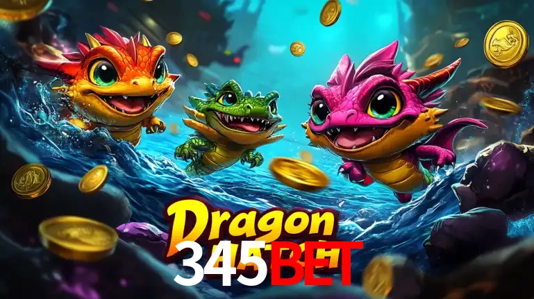 Arte promocional do jogo Dragon Hatch com três adoráveis dragões bebês nadando entre moedas de ouro, um dos slots mais divertidos para jogar no cassino 345BET.