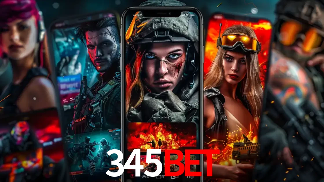 Montagem de telas de celular mostrando diversos personagens, masculinos e femininos, de um jogo de tiro, ilustrando a diversidade de equipes de e-sports para apostar no 345BET.