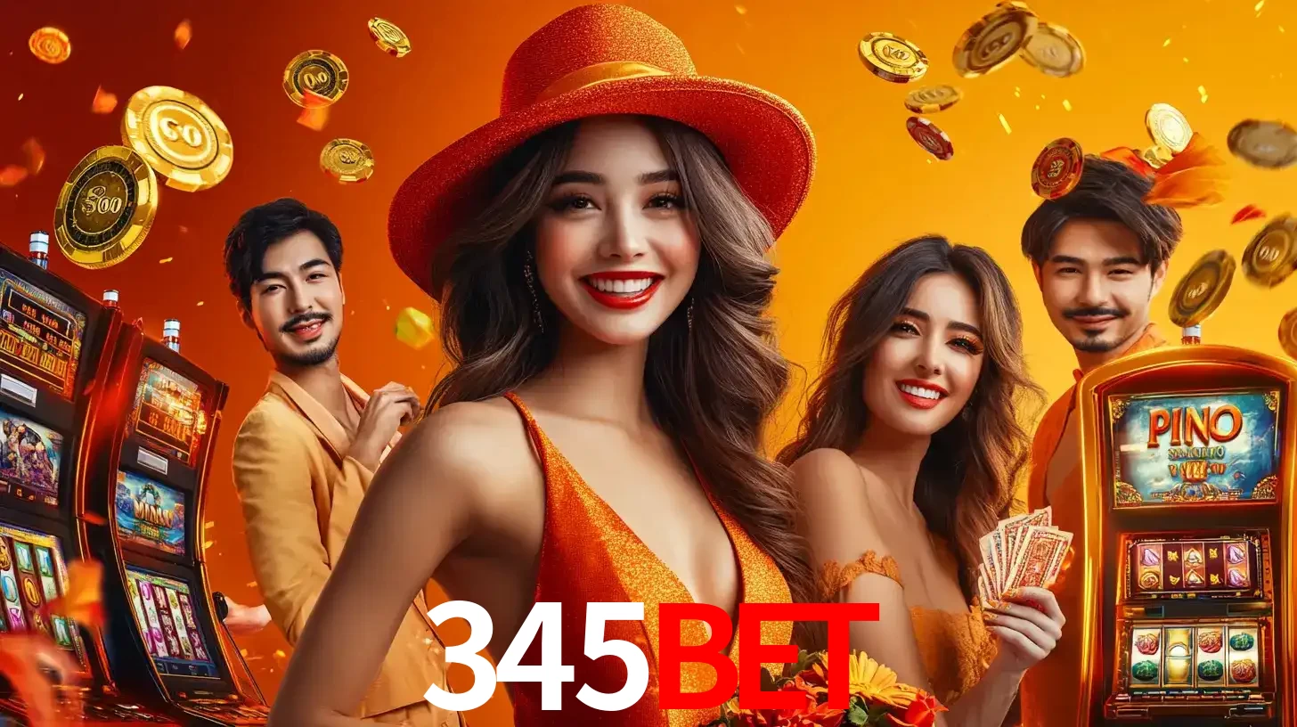 Grupo de amigos asiáticos sorrindo e se divertindo com máquinas de caça-níqueis em um ambiente festivo, celebrando suas vitórias nos jogos de cassino do 345BET.
