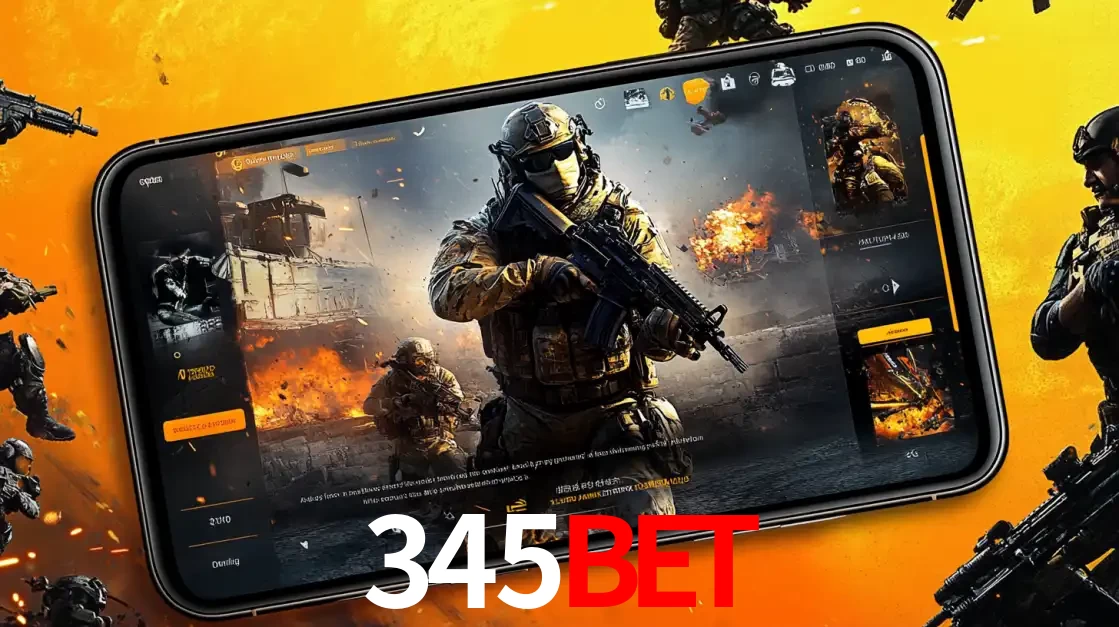 Um smartphone exibindo a interface de um jogo de tiro em primeira pessoa, com um soldado em um cenário de batalha, representando a ação dos e-sports para apostar no 345BET.