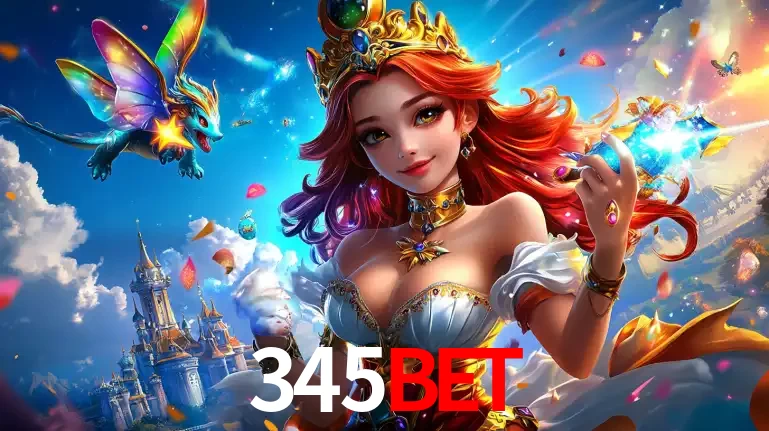 A princesa de um reino de fantasia mágico, com seu pequeno dragão, apresentando um mundo de prêmios encantados nos jogos de caça-níqueis do cassino 345BET.
