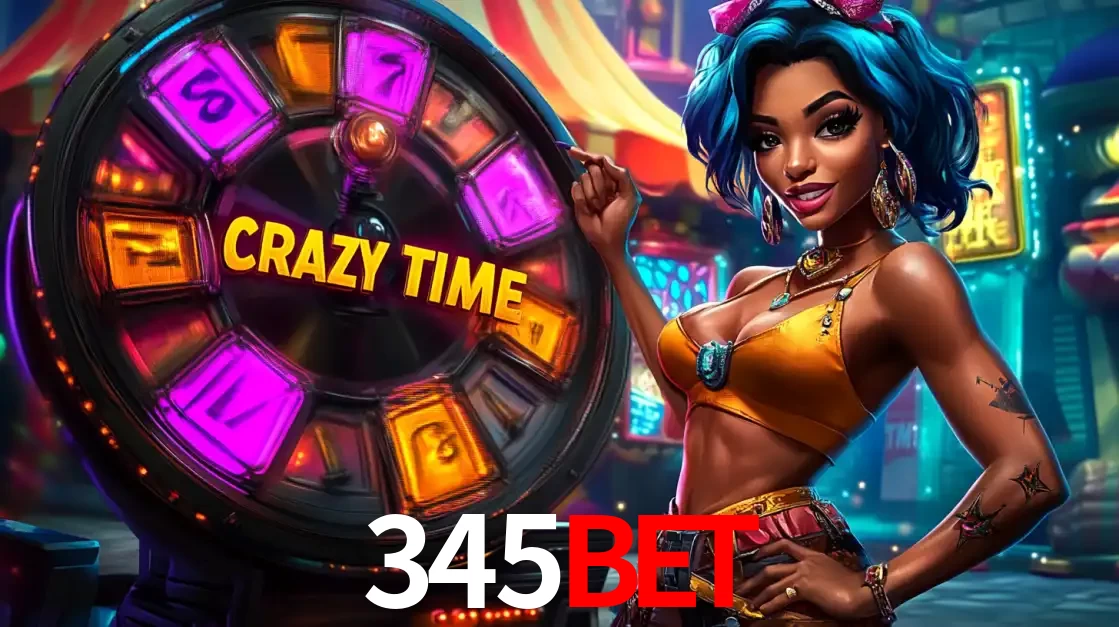 Mulher estilizada com cabelo azul e visual vibrante posando ao lado da roda de prêmios do game show Crazy Time, convidando para a diversão e os bônus do cassino 345BET.