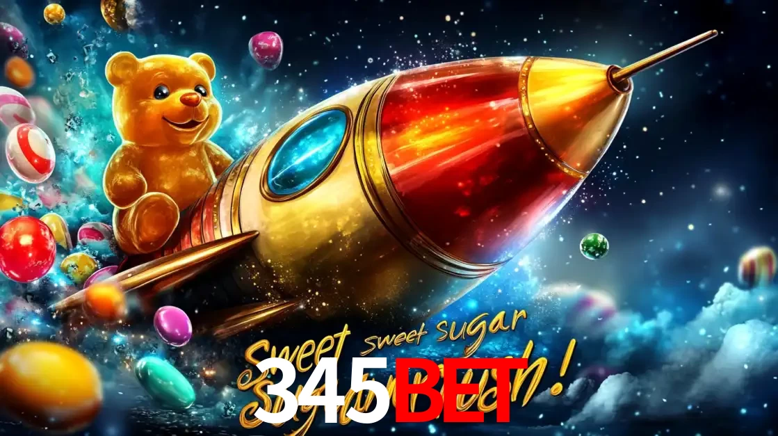 Arte promocional do jogo de slot Sugar Rush, com um urso de pelúcia em um foguete viajando pelo espaço de doces, um dos jogos divertidos disponíveis no cassino 345BET.
