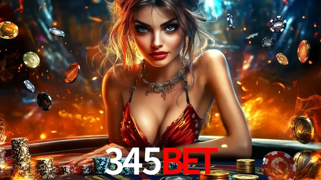 Mulher em uma mesa de cassino com pilhas de fichas e um fundo de fogo, pronta para uma rodada de altas apostas nos jogos de mesa emocionantes do cassino 345BET.