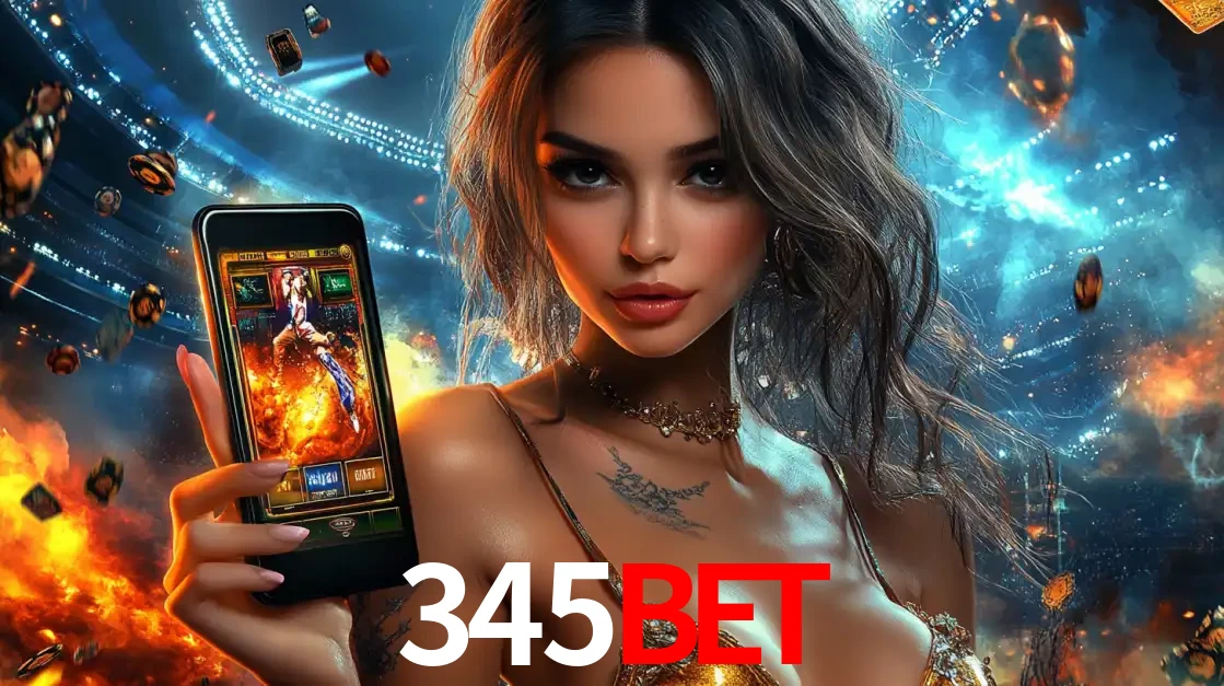 Mulher segurando um celular com um jogo de slot em destaque, tendo como fundo um estádio vibrante, simbolizando a emoção de jogar no cassino móvel 345BET.