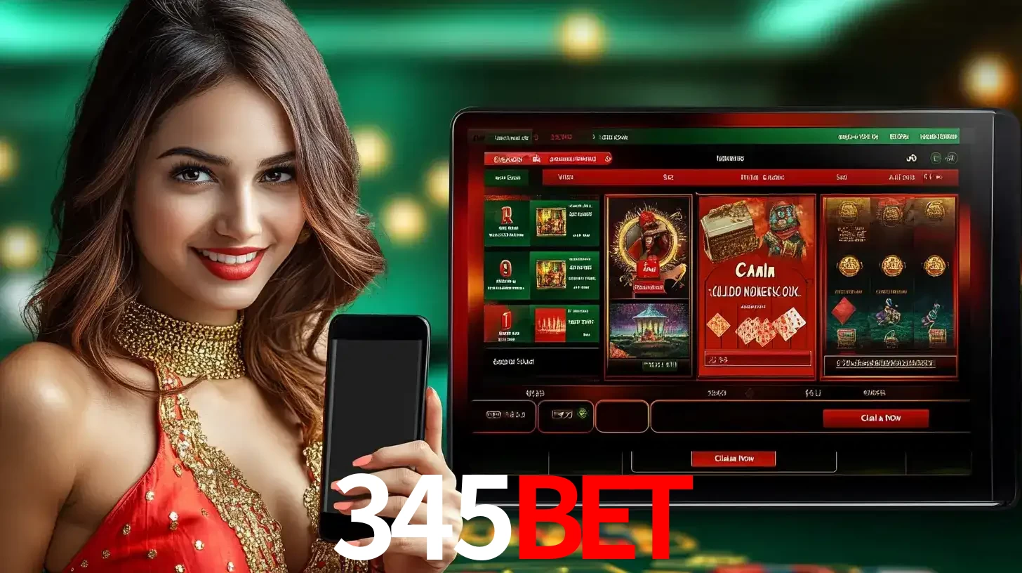 Mulher sorridente segurando um smartphone, ao lado de uma tela exibindo o lobby de jogos do cassino online 345BET, com várias opções de jogos de cartas e slots.